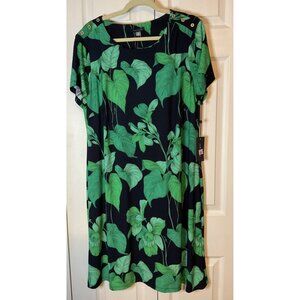 Tommy Hilfiger Navy & Green Leaves Tropical Midi Dress Size 16W New $109